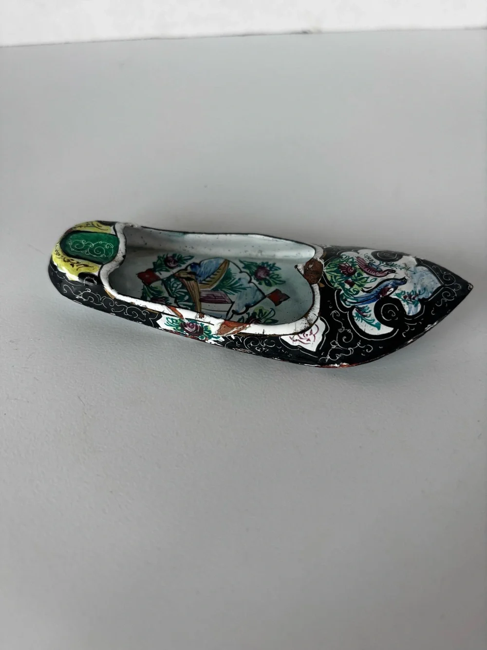Vintage Hand-Painted Enameled Metal Shoe Shaped Ashtray
